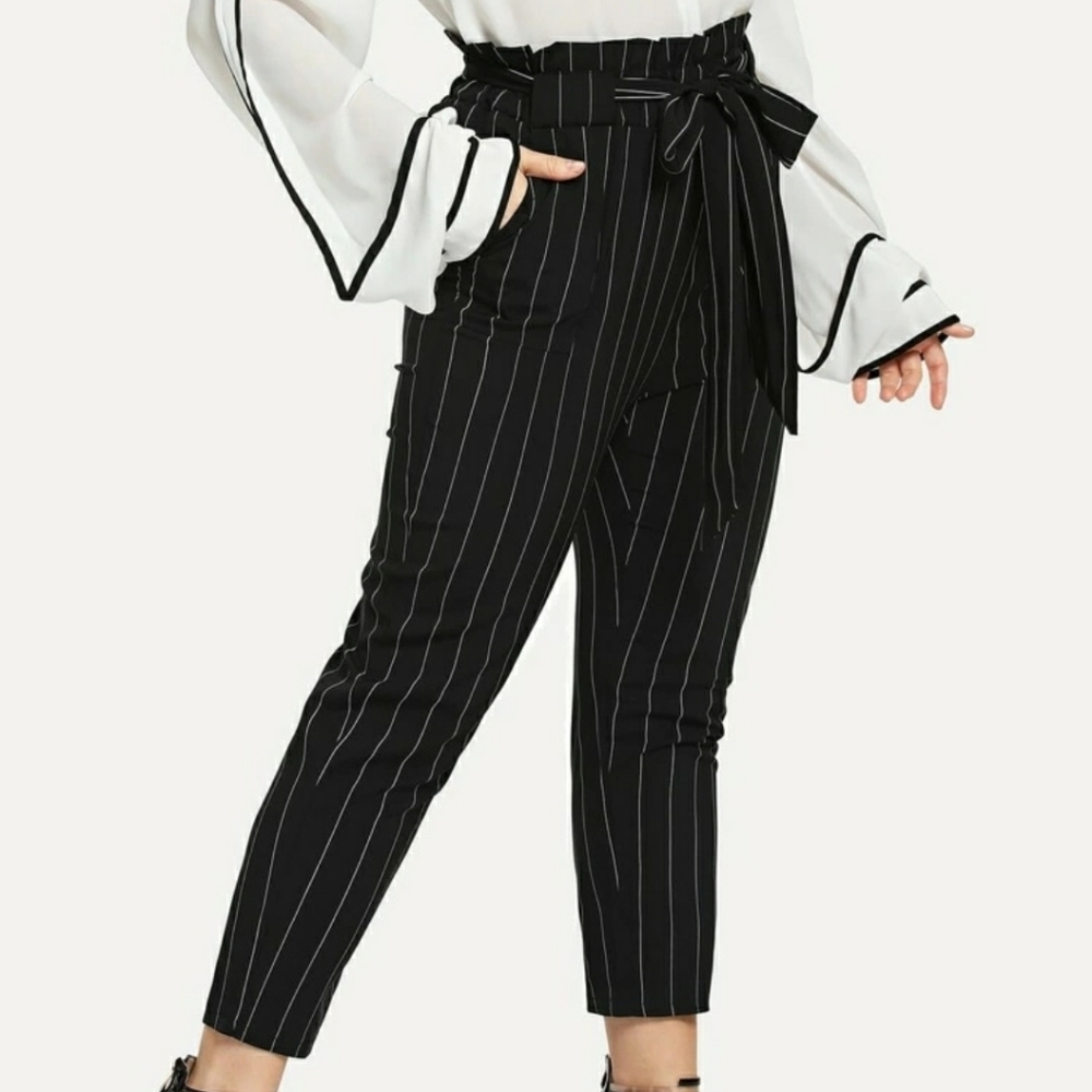 Striped self tie waist pants